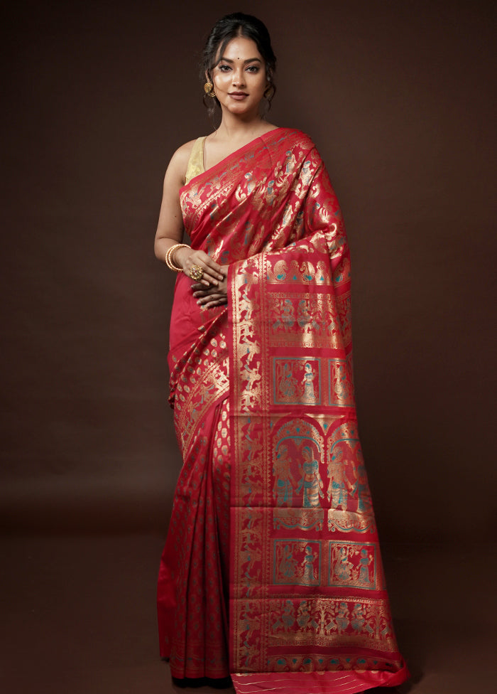 Red Baluchari Silk Saree With Blouse Piece - Indian Silk House Agencies
