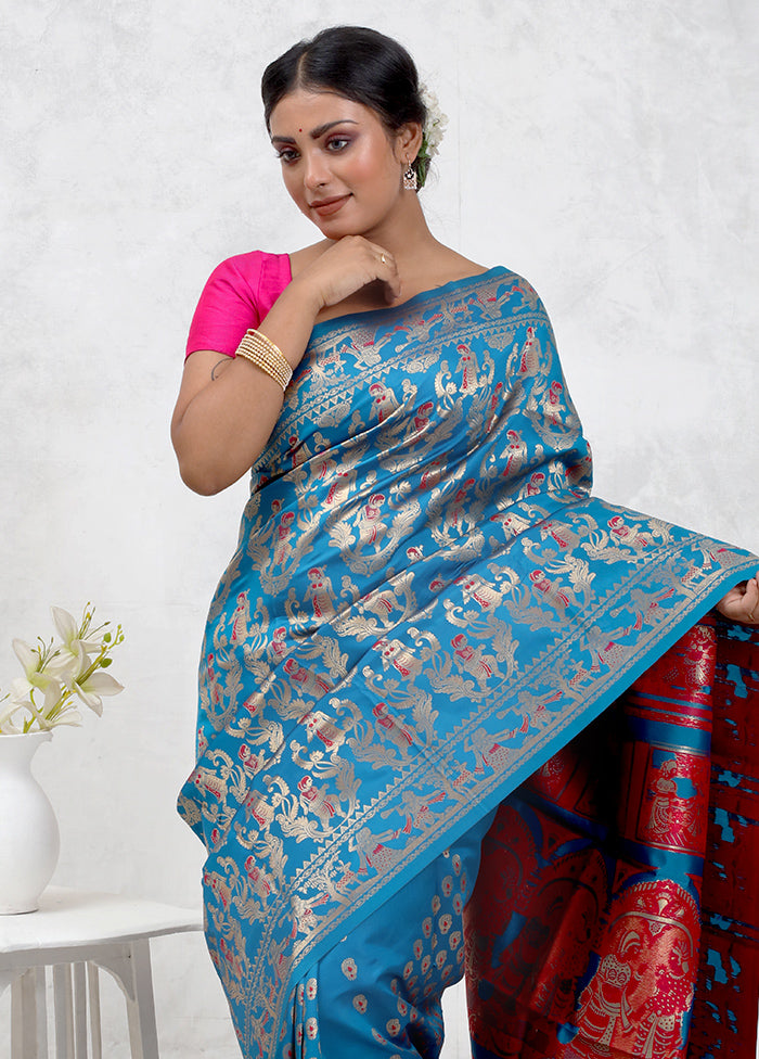 Blue Baluchari Silk Saree Without Blouse Piece