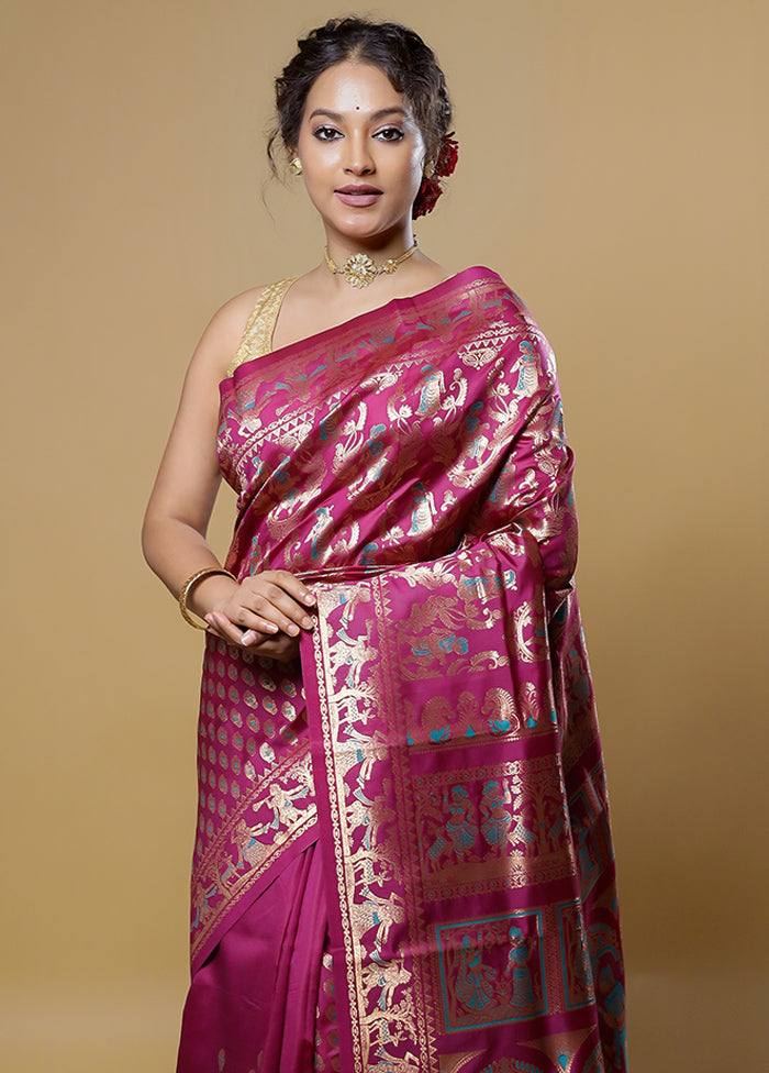 Purple Baluchari Silk Saree With Blouse Piece