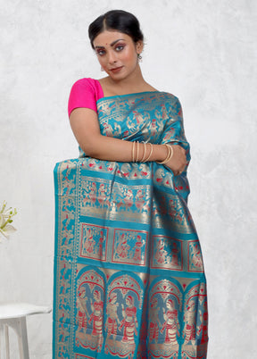 Blue Baluchari Silk Saree Without Blouse Piece - Indian Silk House Agencies
