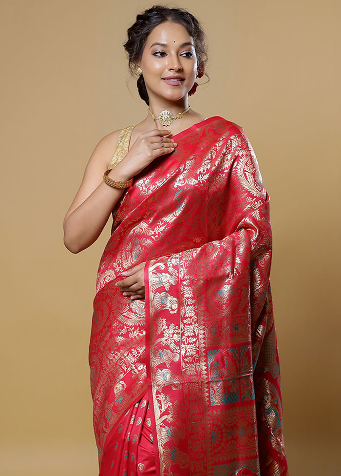 Red Baluchari Silk Saree With Blouse Piece