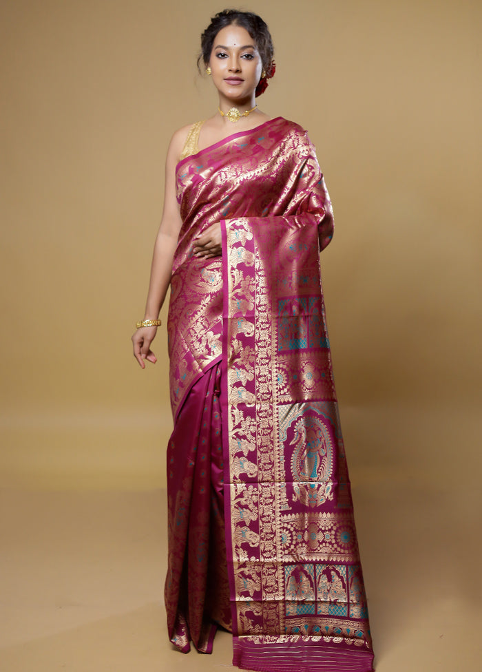 Purple Baluchari Silk Saree With Blouse Piece