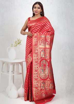 Red Baluchari Silk Saree Without Blouse Piece - Indian Silk House Agencies