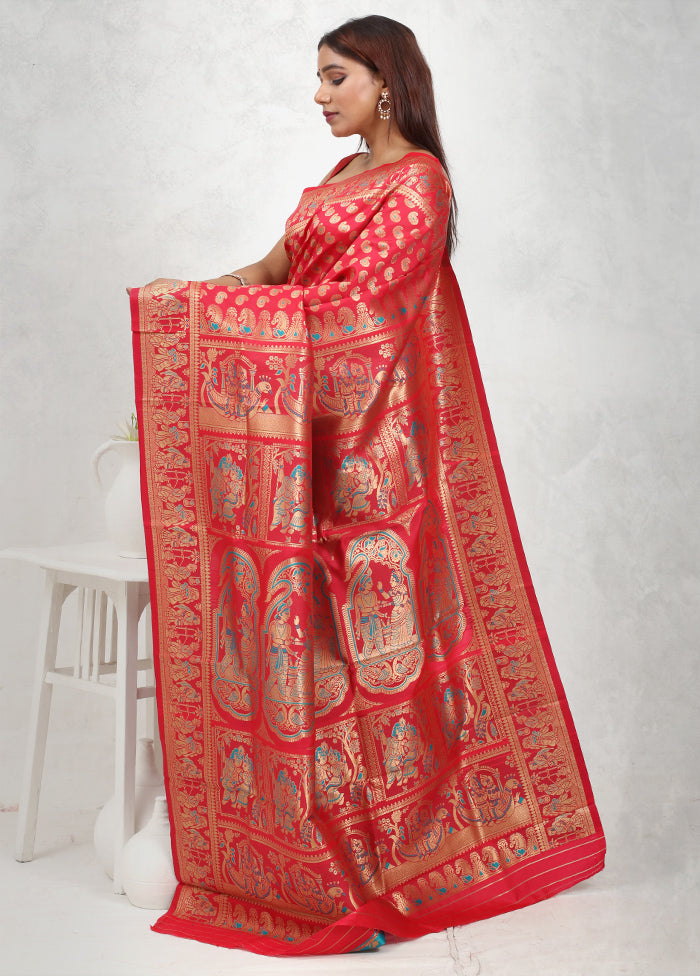 Red Baluchari Silk Saree Without Blouse Piece - Indian Silk House Agencies