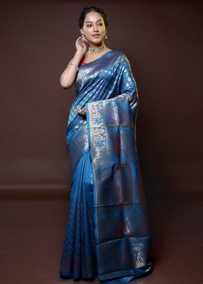 Blue Baluchari Silk Saree With Blouse Piece