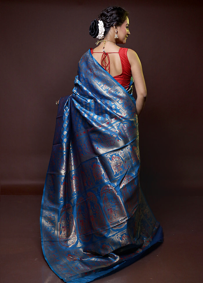 Blue Baluchari Silk Saree With Blouse Piece