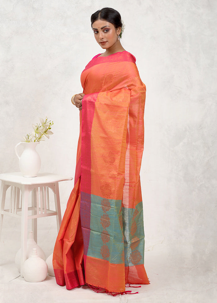 Orange Dupion Silk Saree Without Blouse Piece - Indian Silk House Agencies