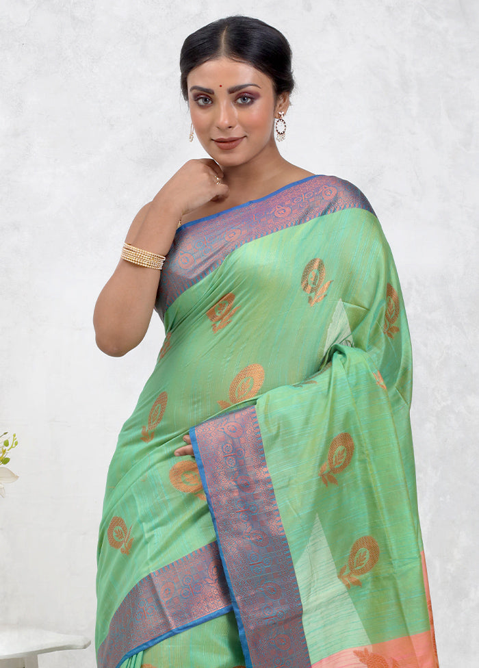 Green Dupion Silk Saree Without Blouse Piece - Indian Silk House Agencies