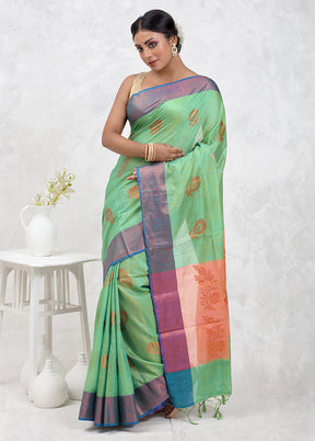 Green Dupion Silk Saree Without Blouse Piece - Indian Silk House Agencies