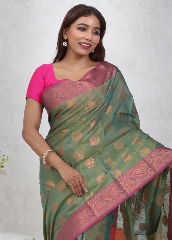 Green Cotton Saree Without Blouse Piece - Indian Silk House Agencies