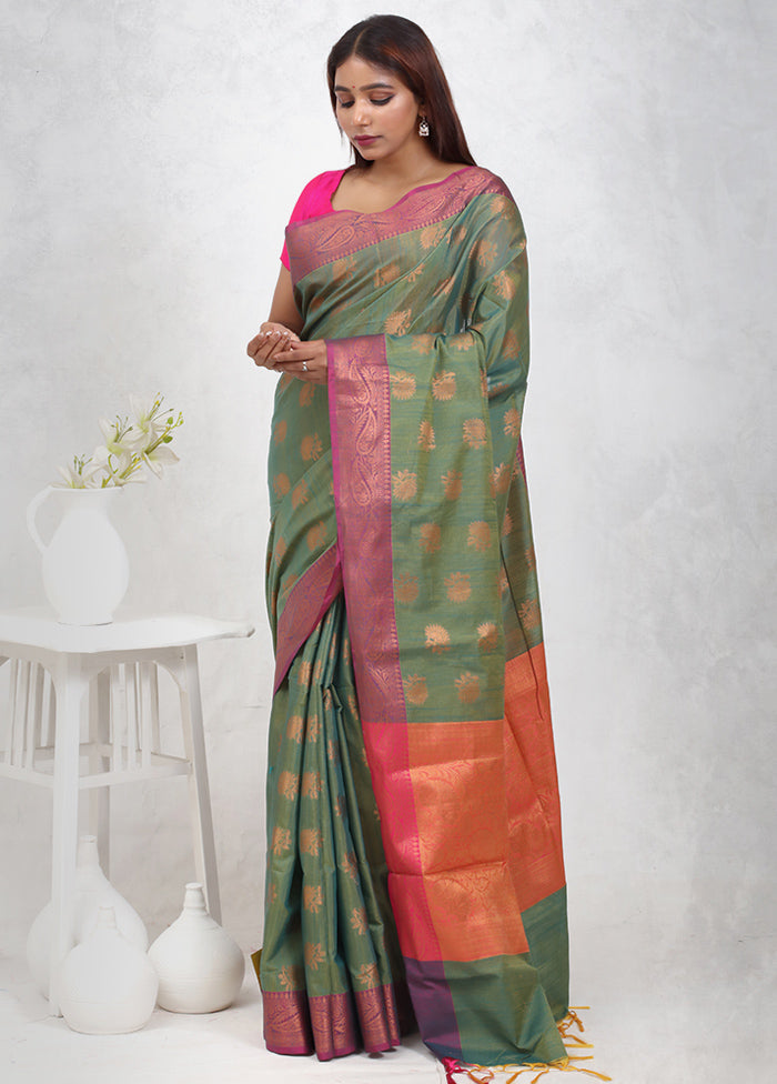 Green Cotton Saree Without Blouse Piece - Indian Silk House Agencies