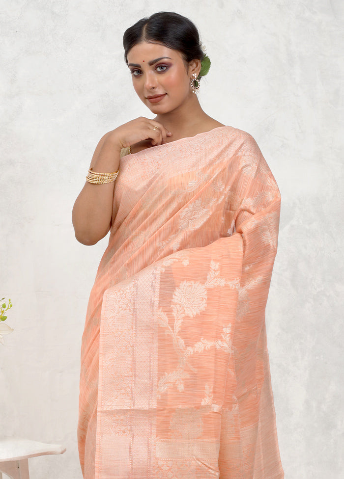Peach Kora Silk Saree Without Blouse Piece