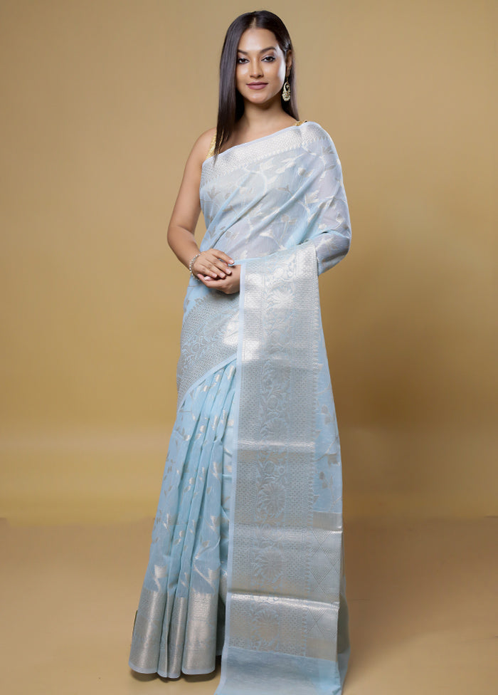 Blue Kora Silk Saree With Blouse Piece