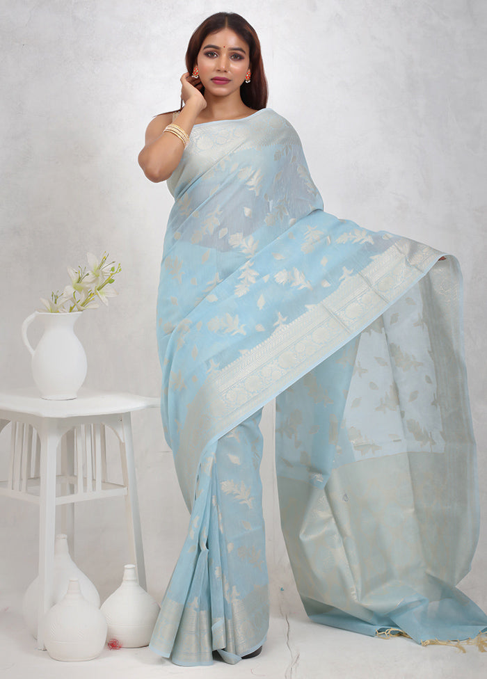 Blue Kora Silk Saree Without Blouse Piece - Indian Silk House Agencies