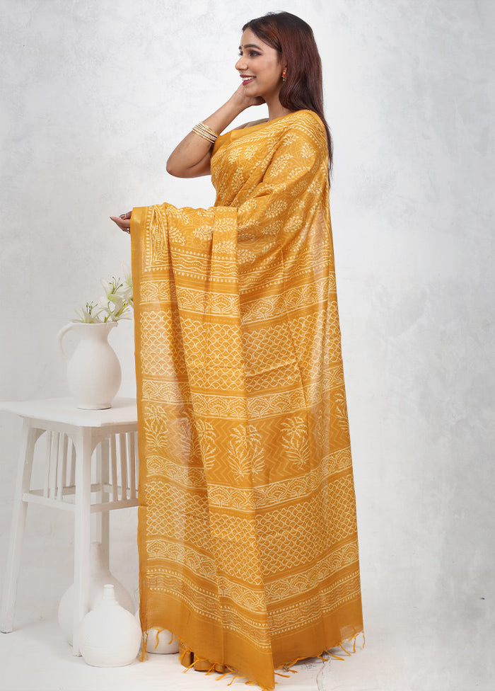Yellow Chanderi Cotton Saree Without Blouse Piece - Indian Silk House Agencies