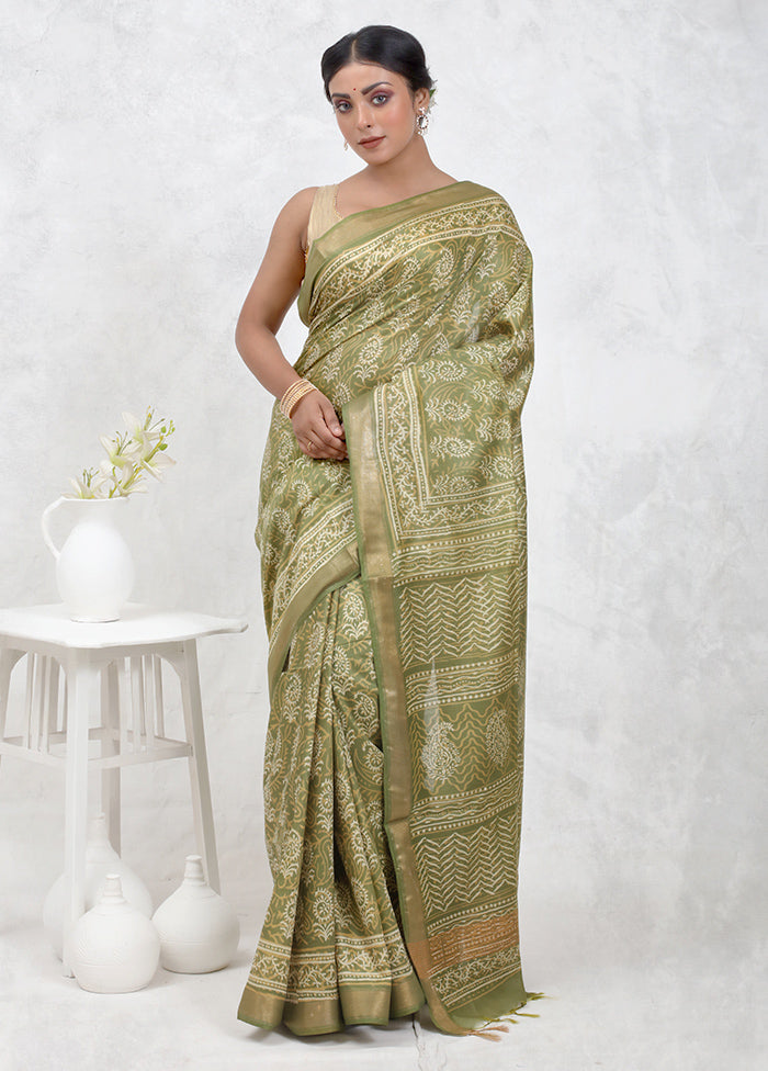 Green Chanderi Cotton Saree Without Blouse Piece