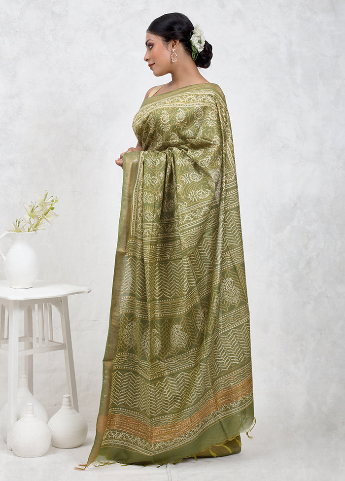 Green Chanderi Cotton Saree Without Blouse Piece - Indian Silk House Agencies