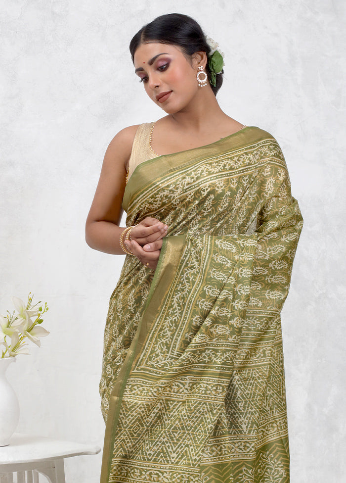 Green Chanderi Cotton Saree Without Blouse Piece