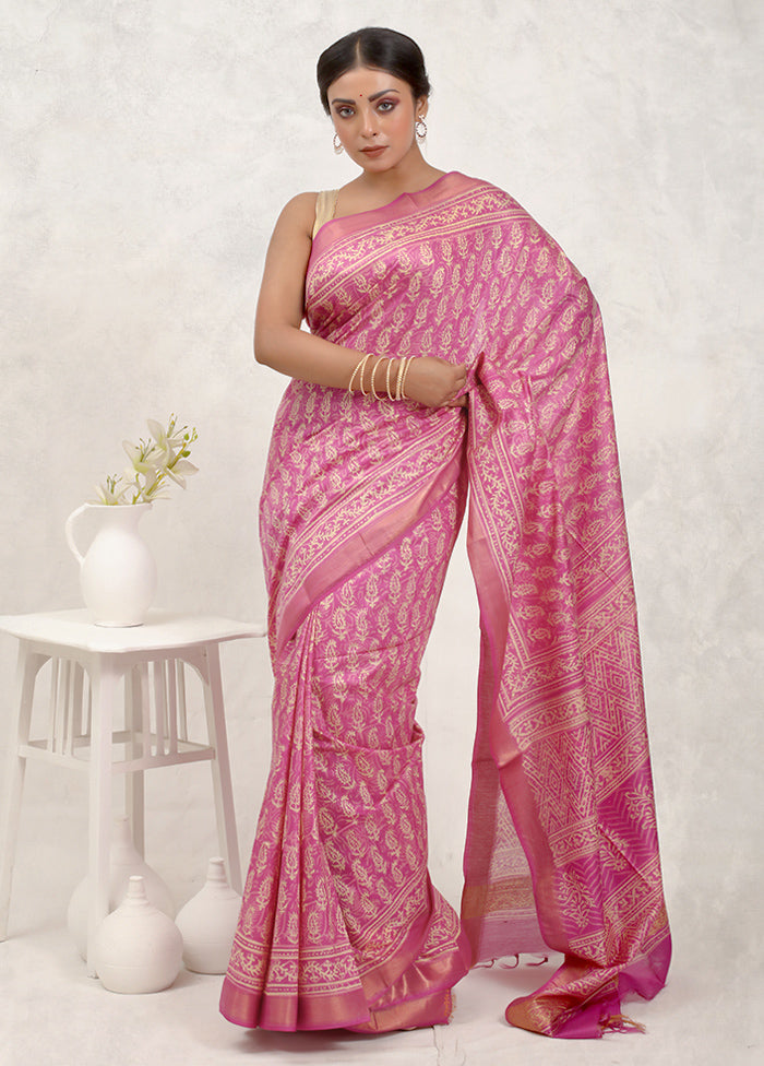 Pink Chanderi Cotton Saree Without Blouse Piece