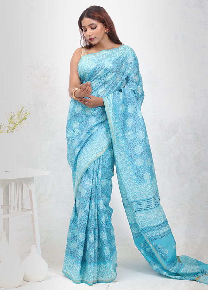Blue Chanderi Cotton Saree Without Blouse Piece - Indian Silk House Agencies