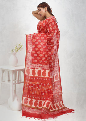 Red Chanderi Cotton Saree Without Blouse Piece - Indian Silk House Agencies