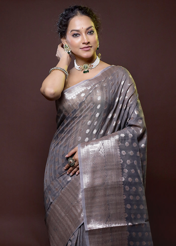 Grey Kora Silk Saree With Blouse Piece