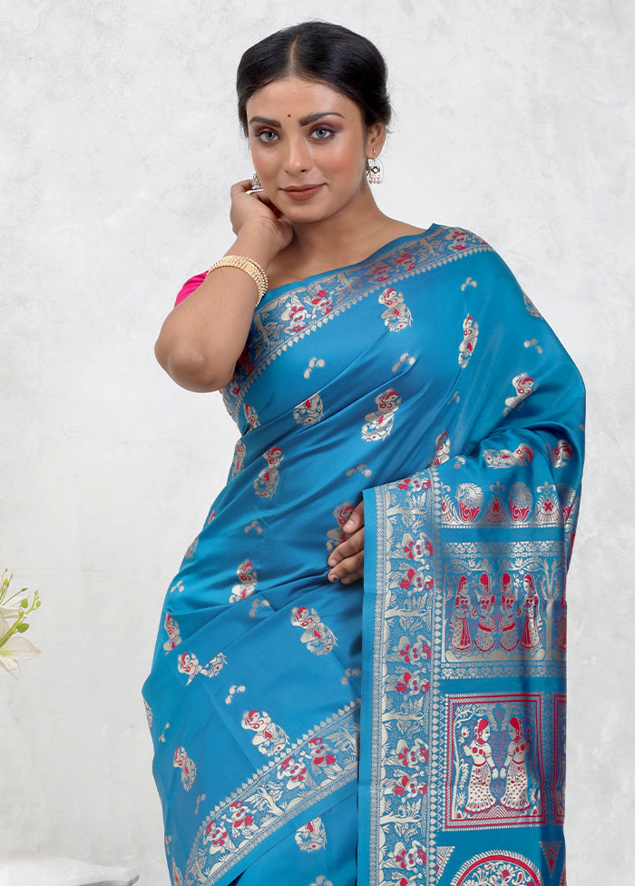 Blue Baluchari Silk Saree Without Blouse Piece