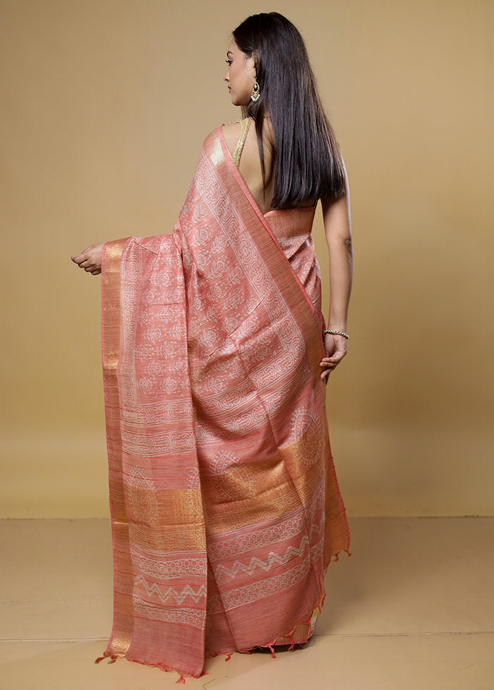 Pink Tussar Silk Saree With Blouse Piece