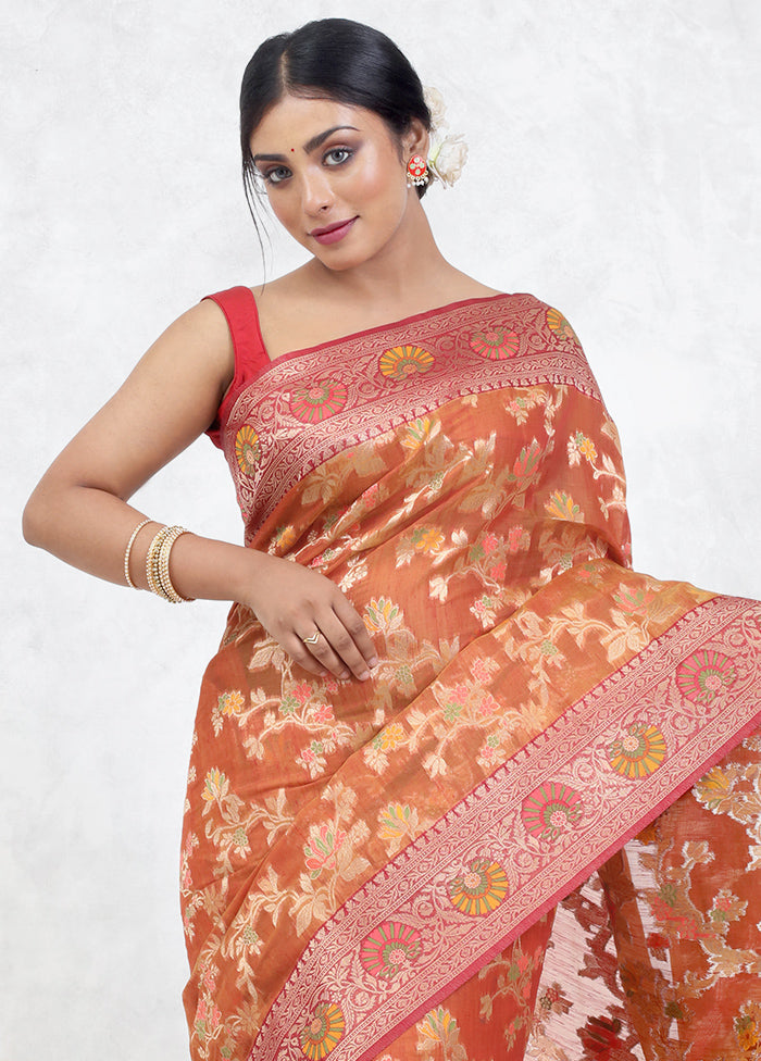 Orange Kora Silk Saree Without Blouse Piece