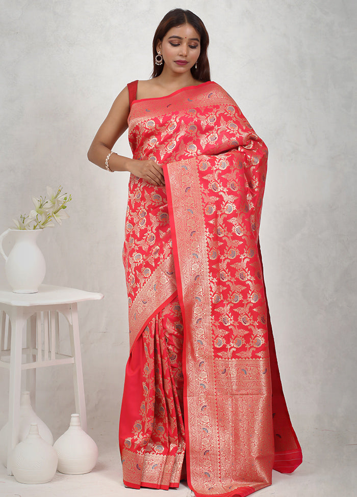 Red Dupion Silk Saree Without Blouse Piece - Indian Silk House Agencies