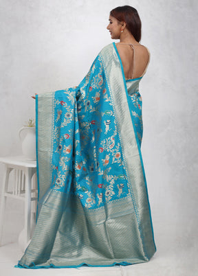 Blue Dupion Silk Saree Without Blouse Piece - Indian Silk House Agencies