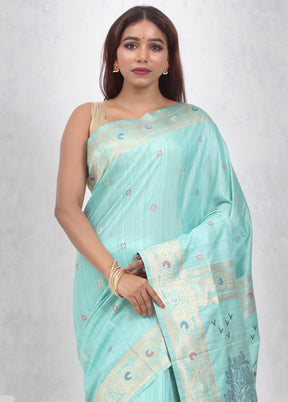 Green Dupion Silk Saree Without Blouse Piece - Indian Silk House Agencies