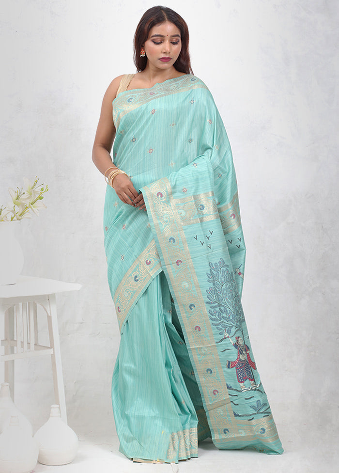 Green Dupion Silk Saree Without Blouse Piece - Indian Silk House Agencies