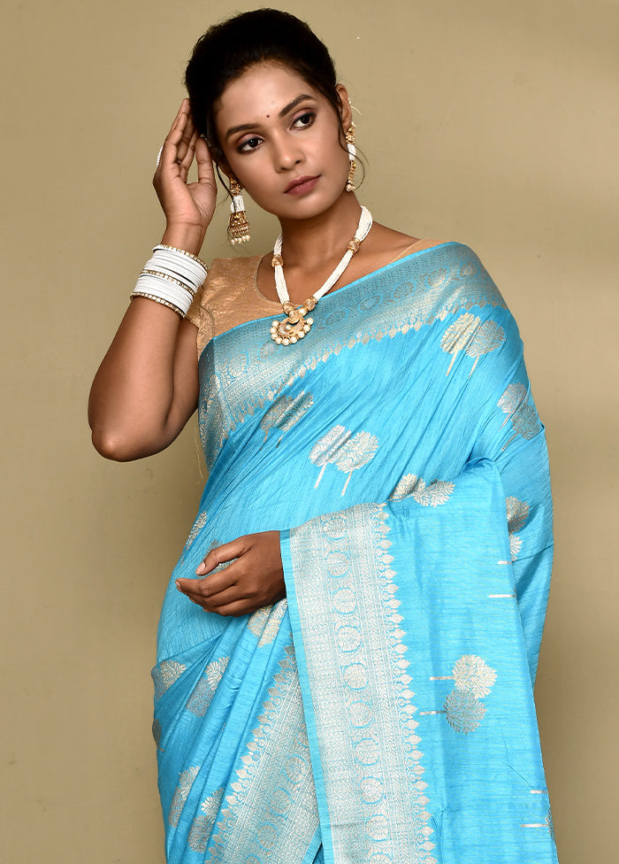 Blue Dupion Silk Saree Without Blouse Piece - Indian Silk House Agencies
