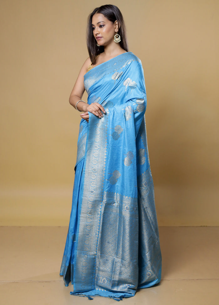 Blue Dupion Silk Saree With Blouse Piece