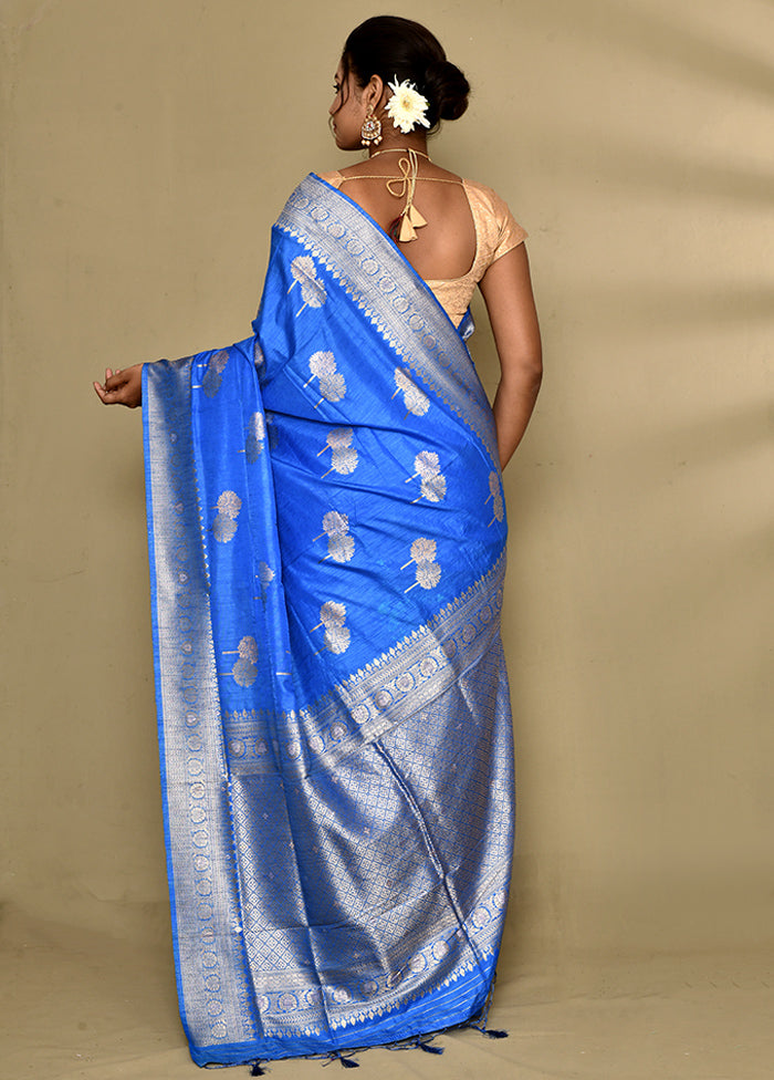 Blue Dupion Silk Saree Without Blouse Piece - Indian Silk House Agencies