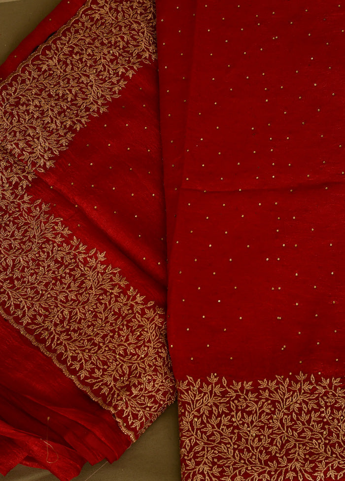 Red Dupion Silk Saree Without Blouse Piece - Indian Silk House Agencies