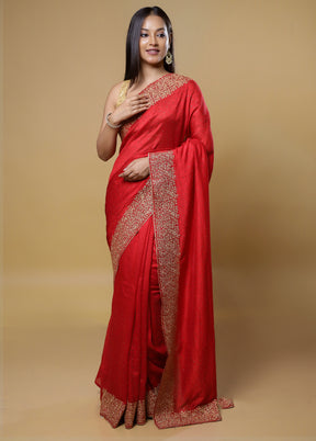 Red Dupion Silk Saree With Blouse Piece