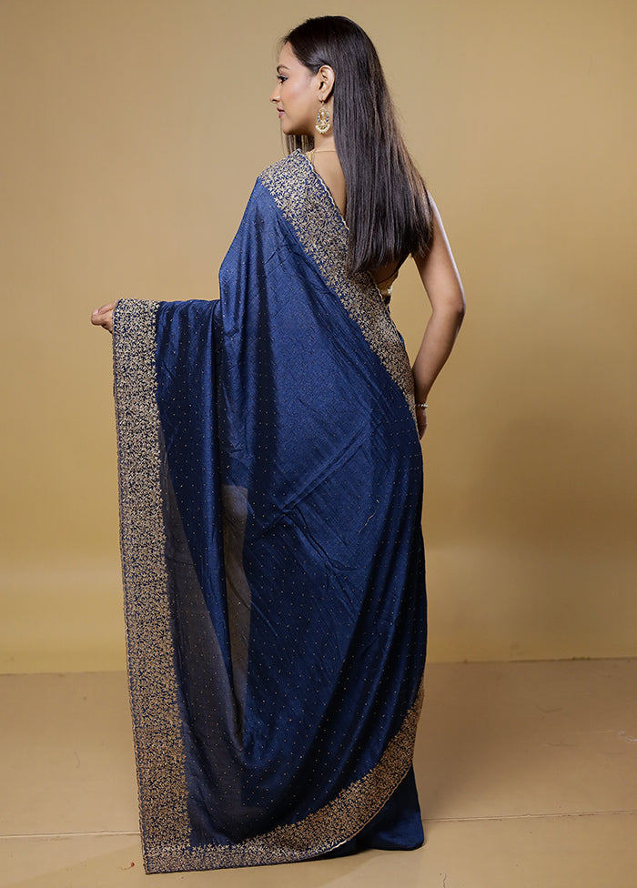 Blue Dupion Silk Saree With Blouse Piece