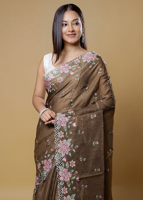 Brown Crushed Tissue Silk Saree With Blouse Piece