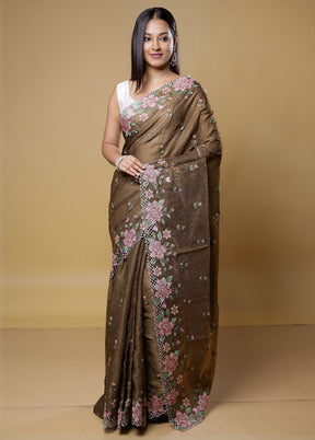 Brown Crushed Tissue Silk Saree With Blouse Piece