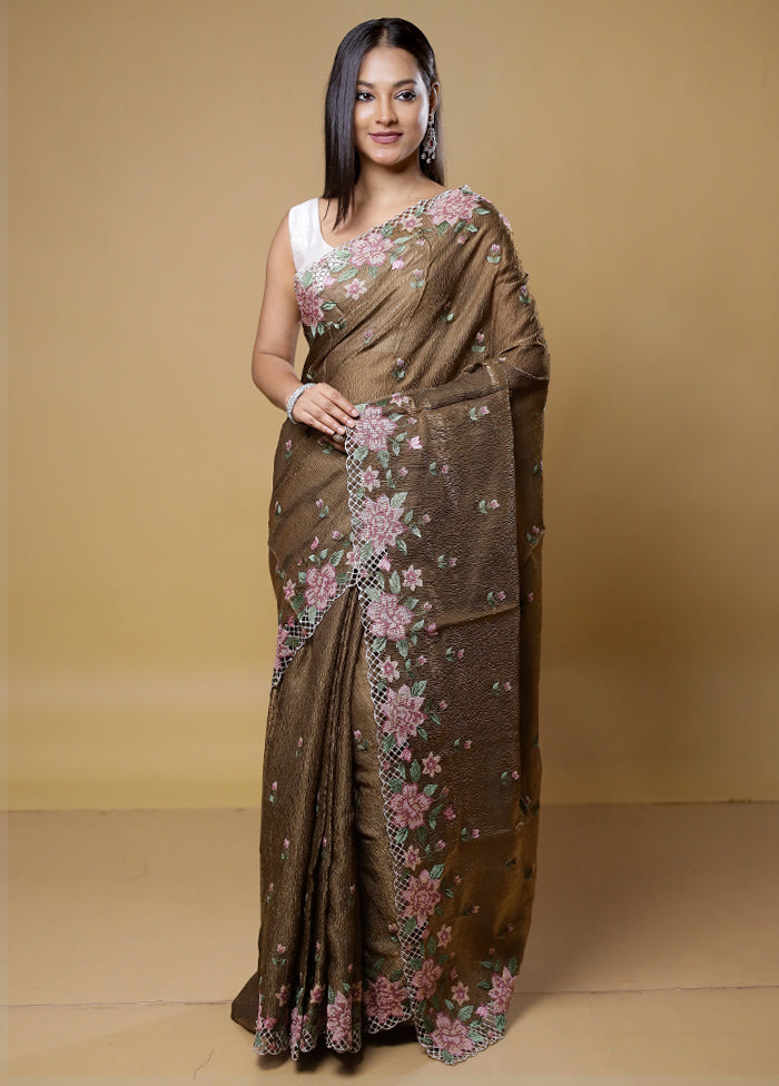 Brown Crushed Tissue Silk Saree With Blouse Piece