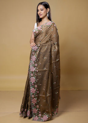 Brown Crushed Tissue Silk Saree With Blouse Piece