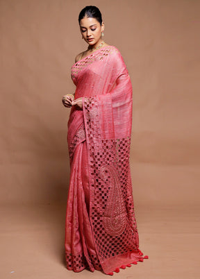 Pink Handloom Matka Pure Silk Saree With Blouse Piece