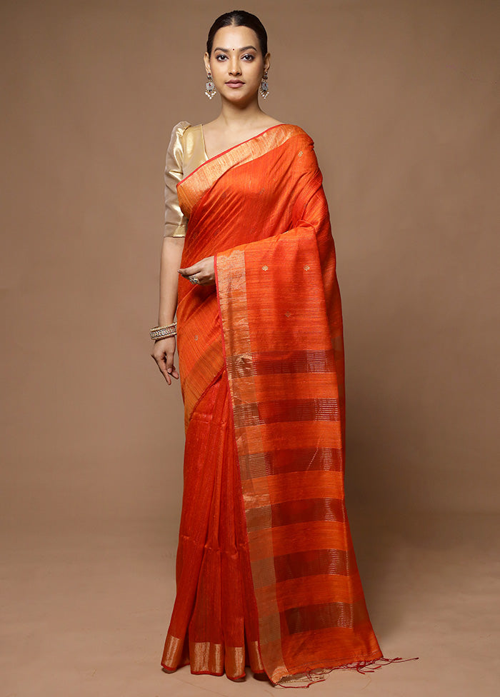 Orange Handloom Matka Pure Silk Saree With Blouse Piece