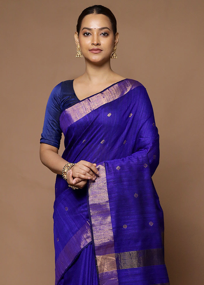 Blue Handloom Matka Pure Silk Saree With Blouse Piece