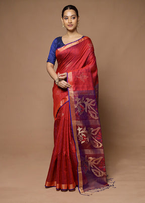 Red Handloom Matka Pure Silk Saree With Blouse Piece