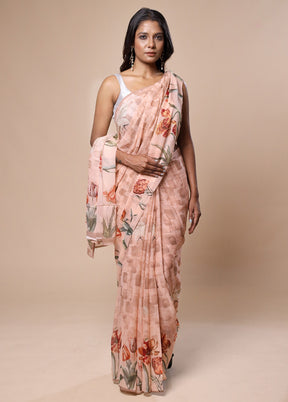 Peach Handloom Chiffon Pure Silk Saree With Blouse Piece