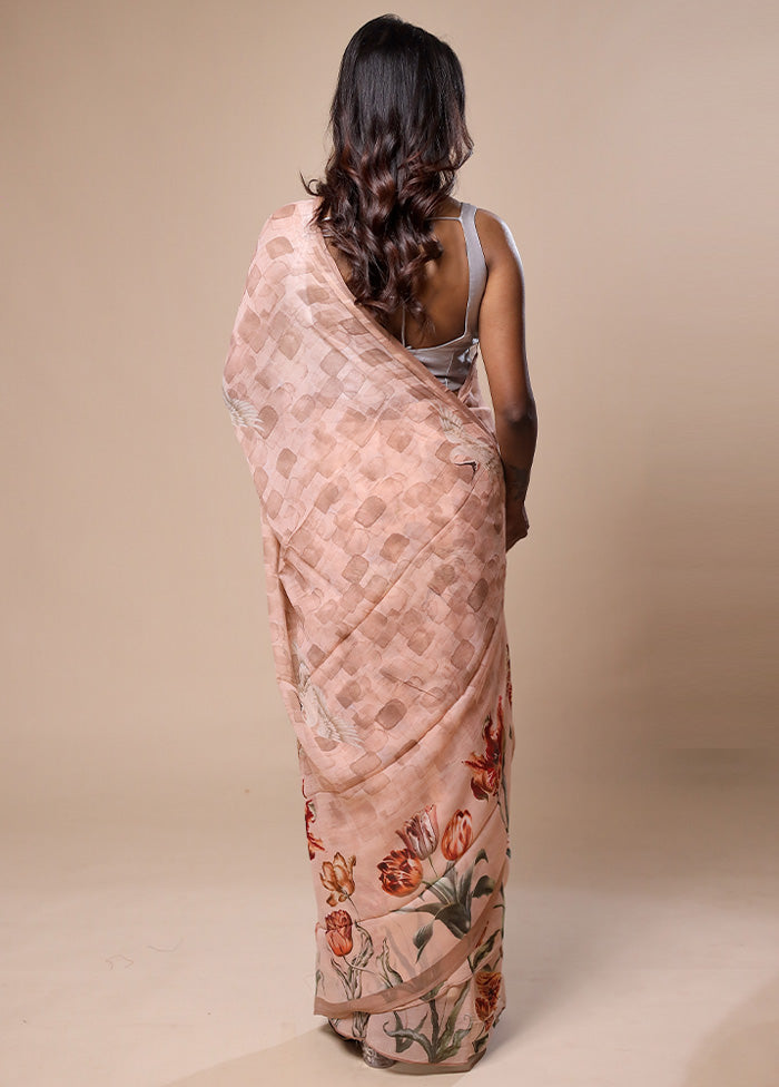 Peach Handloom Chiffon Pure Silk Saree With Blouse Piece