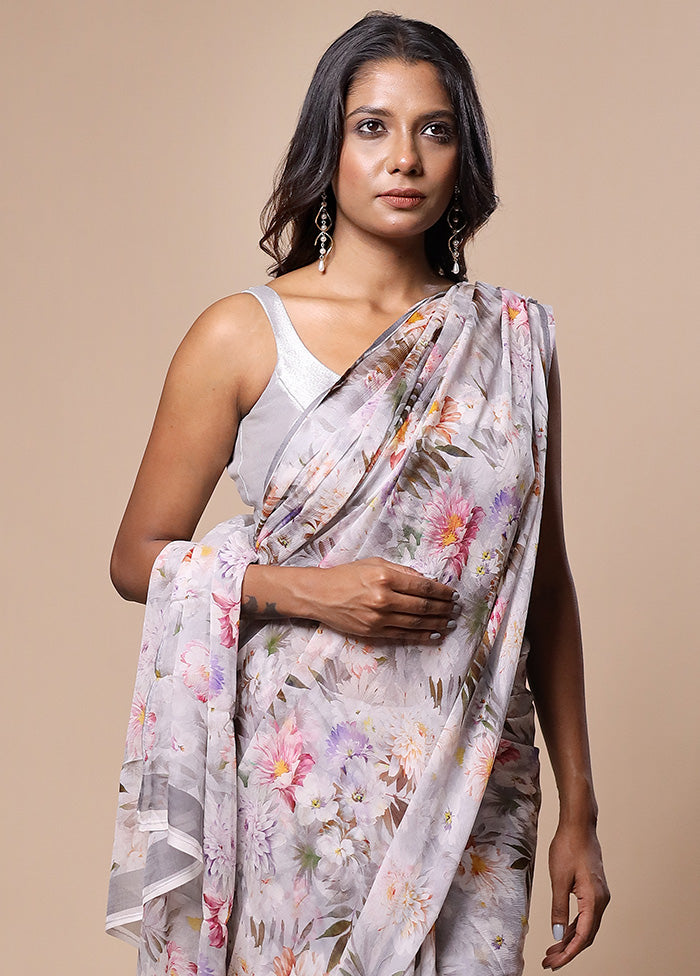 Grey Handloom Chiffon Pure Silk Saree With Blouse Piece